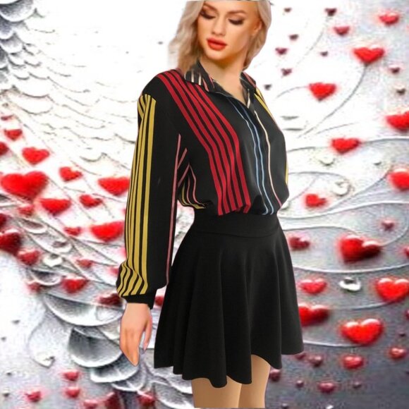 MARELLA Black Multicolor Striped Long Sleeve Button-Up Collared Blouse Sz XL - Picture 3 of 6